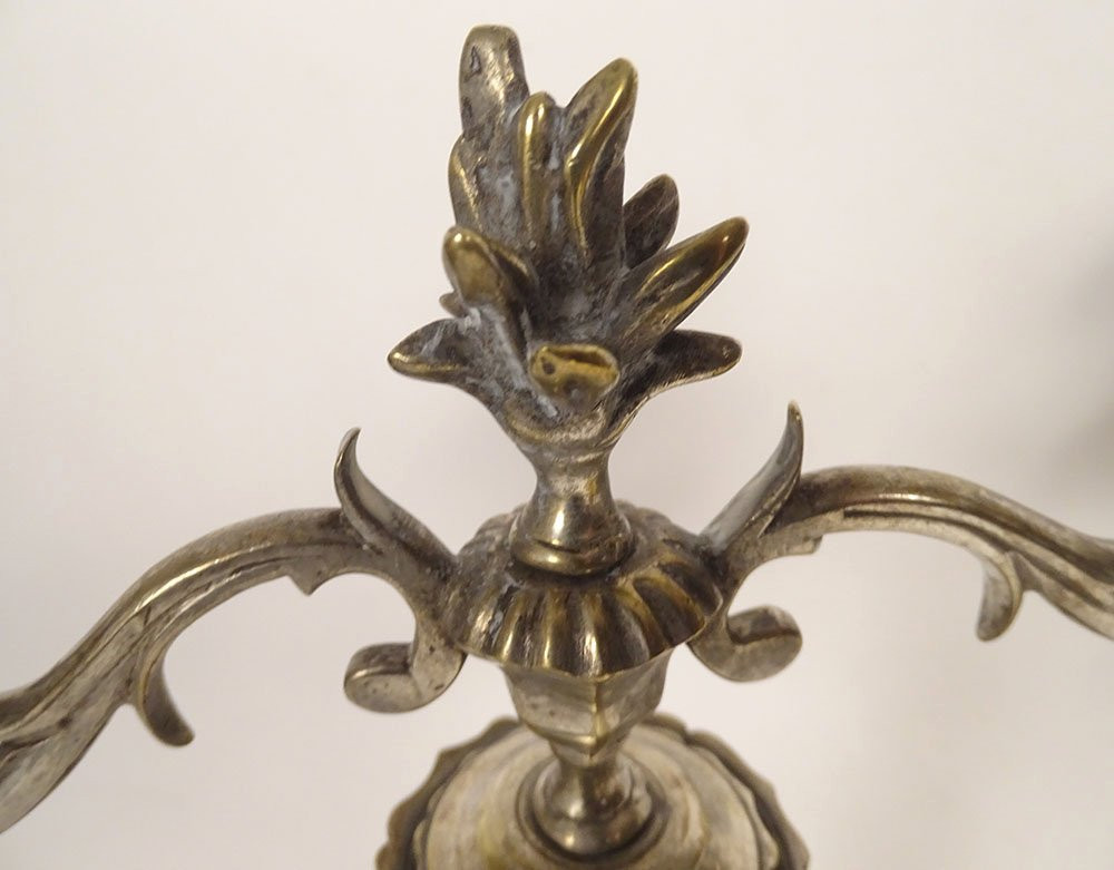 Pair Of Louis XV Silvered Bronze Rocaille Two-light Candelabra, 18th Century-photo-3