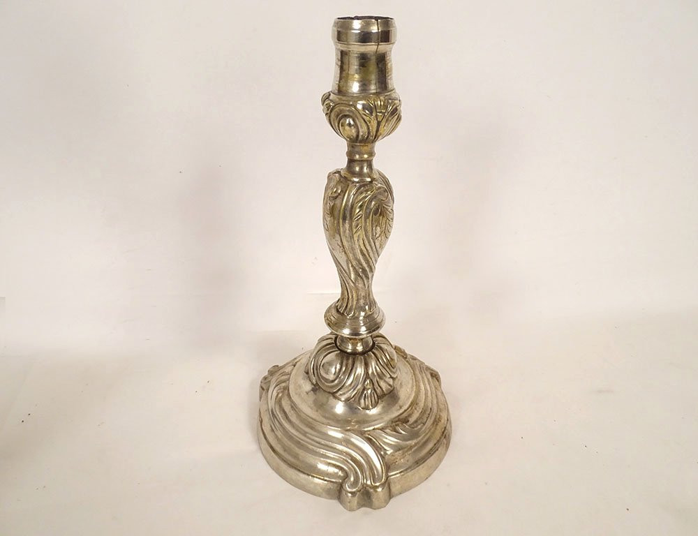 Pair Of Louis XV Silvered Bronze Rocaille Two-light Candelabra, 18th Century-photo-6