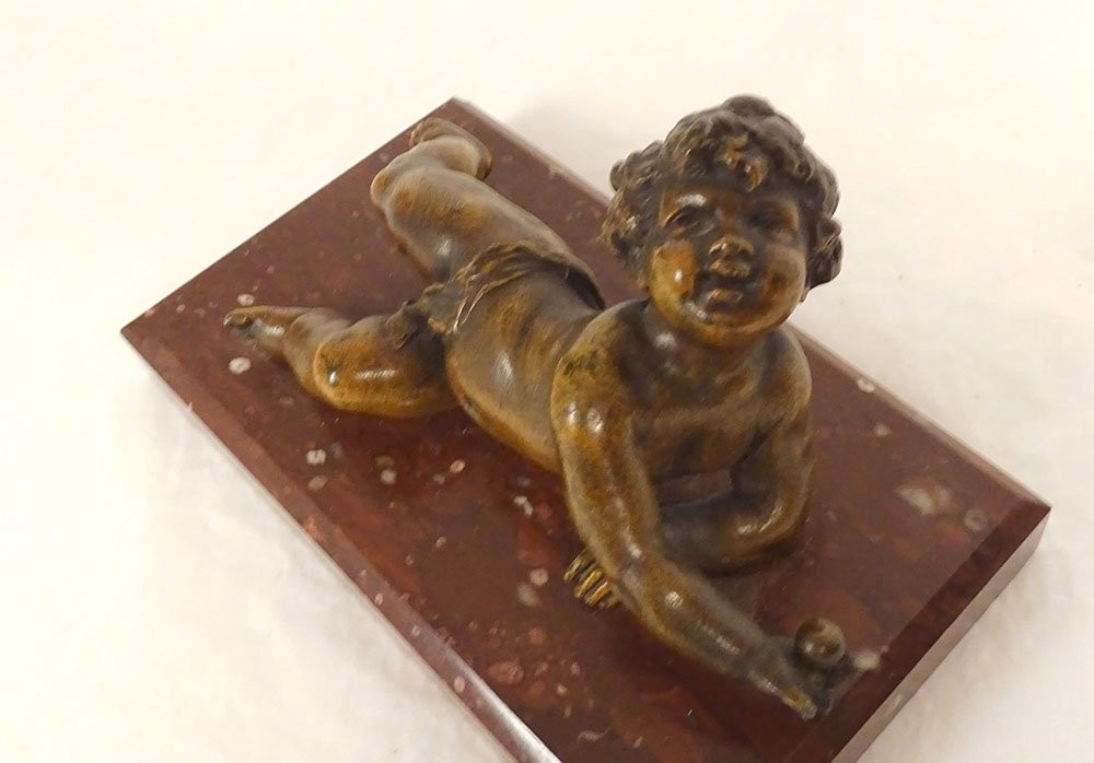 Presse-papier sculpture chérubin Amour putto régule marbre rouge XIXème-photo-3