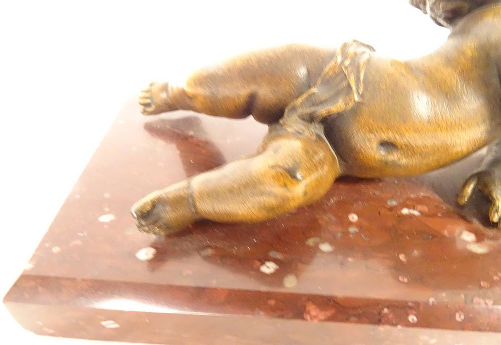 Presse-papier sculpture chérubin Amour putto régule marbre rouge XIXème-photo-4