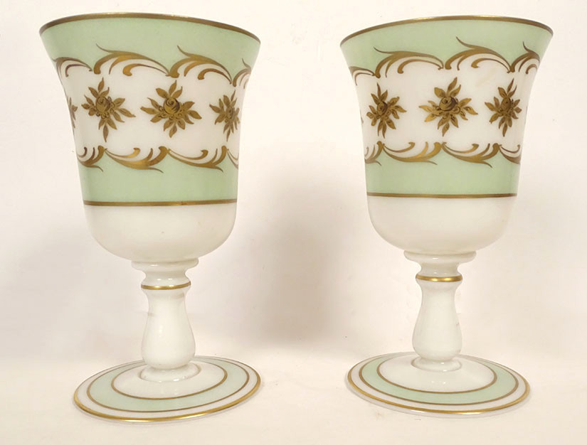 Pair Of Large Stemmed Opaline Glass Goblet Glasses With Gilt Floral Decoration, Napoleon III Style, 19th Century