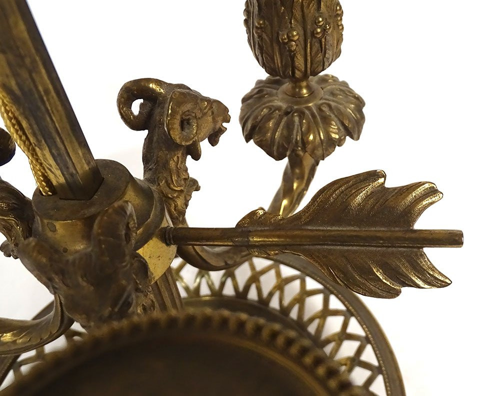 Lampe bouillotte 3 feux Louis XVI bronze doré têtes béliers colonne XXème-photo-4