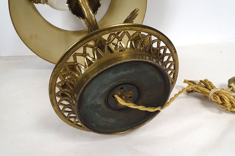 Lampe bouillotte 3 feux Louis XVI bronze doré têtes béliers colonne XXème-photo-6