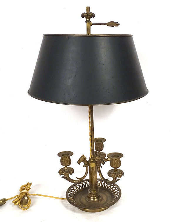 Lampe bouillotte 3 feux Louis XVI bronze doré têtes béliers colonne XXème