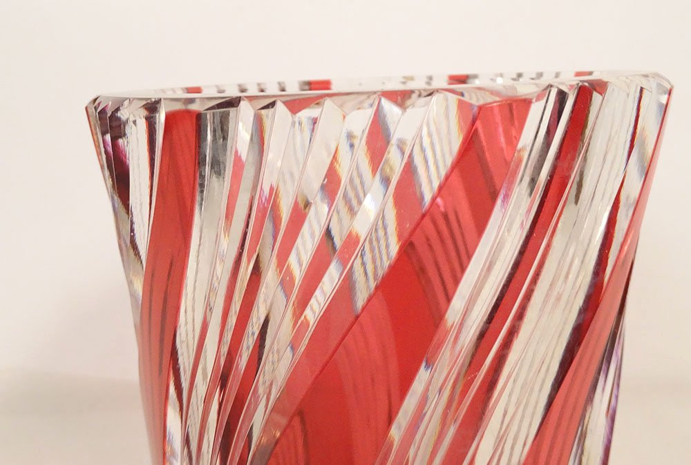 Twisted Cut Crystal Vase, Red Color, Saint-louis, France, Early 20th Century-photo-3