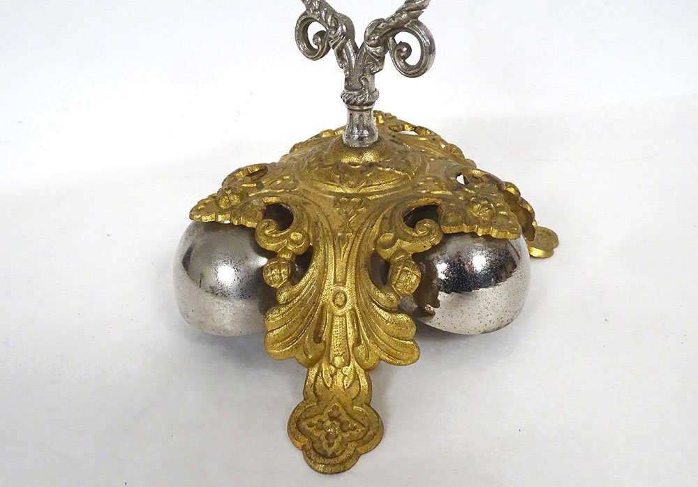 Sonnette d'église cérémonie 3 clochettes bronze doré argenté messe XIXème-photo-1