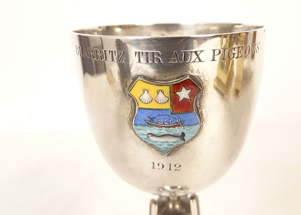 Biarritz Pigeon Shooting Trophy Cup, English Silver Mappin & Webb Coat Of Arms-photo-2