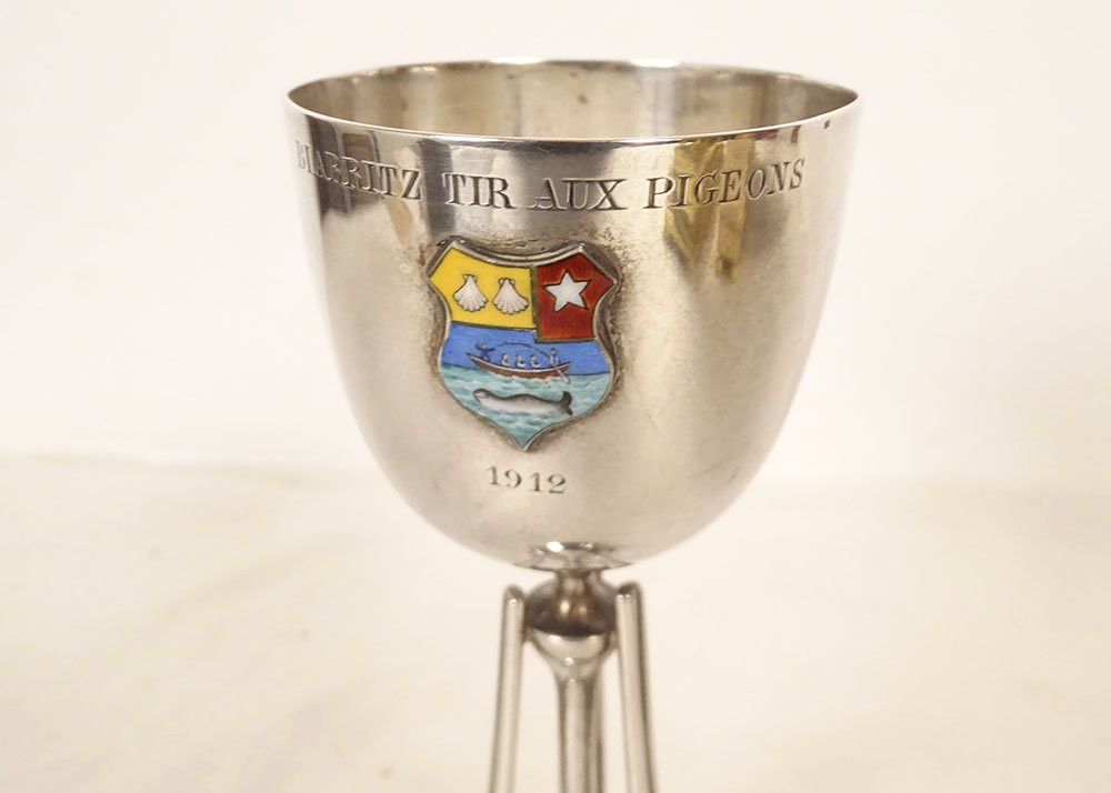 Biarritz Pigeon Shooting Trophy Cup, English Silver Mappin & Webb Coat Of Arms-photo-5