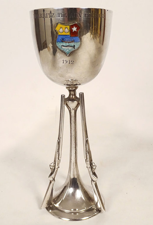 Biarritz Pigeon Shooting Trophy Cup, English Silver Mappin & Webb Coat Of Arms