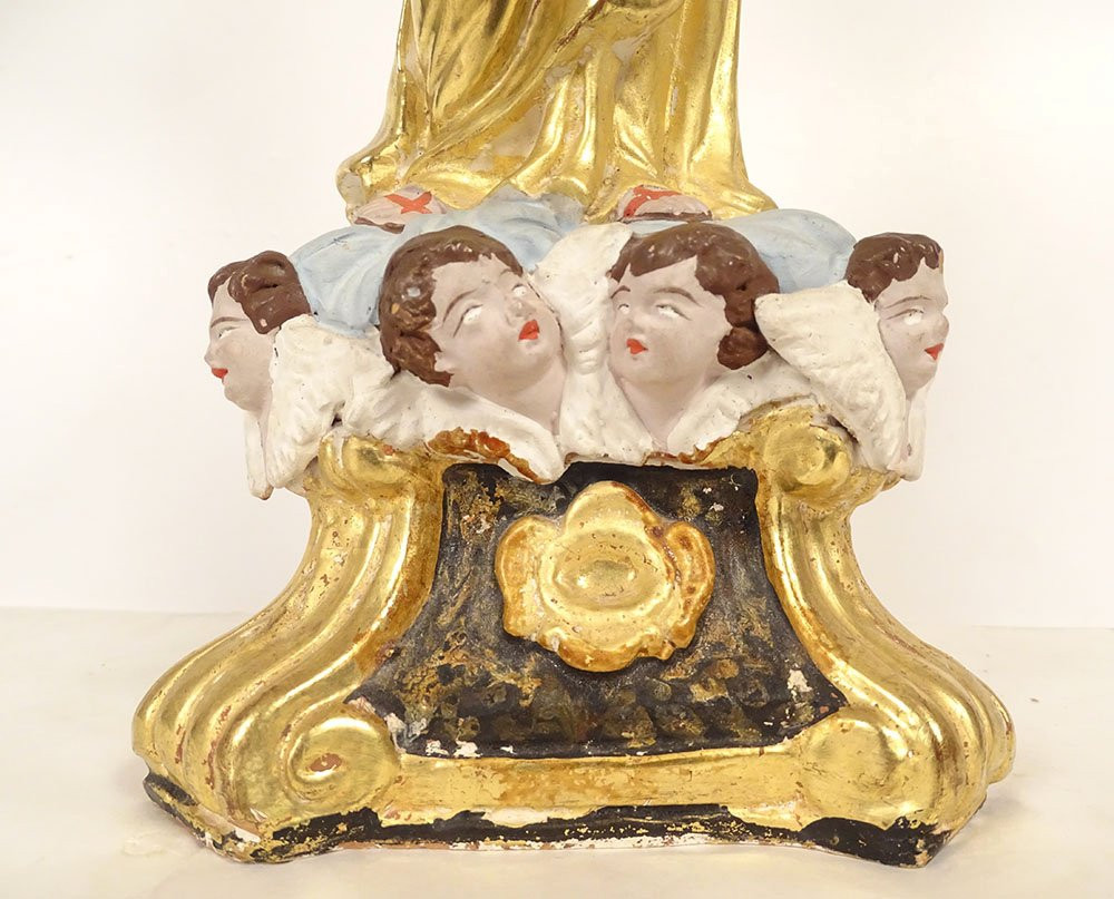 Virgin Of Marseille, Santibelli, Mary And Child Jesus, Terracotta Cherubs, 19th Century-photo-2