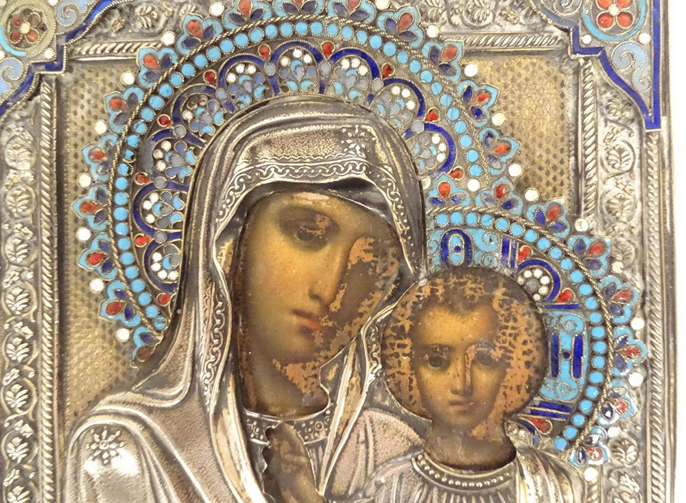 Icône orthodoxe russe Vierge ND Kazan Enfant argent émaux cloisonnés XIXème-photo-2