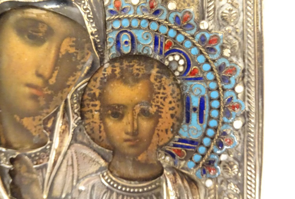 Icône orthodoxe russe Vierge ND Kazan Enfant argent émaux cloisonnés XIXème-photo-1