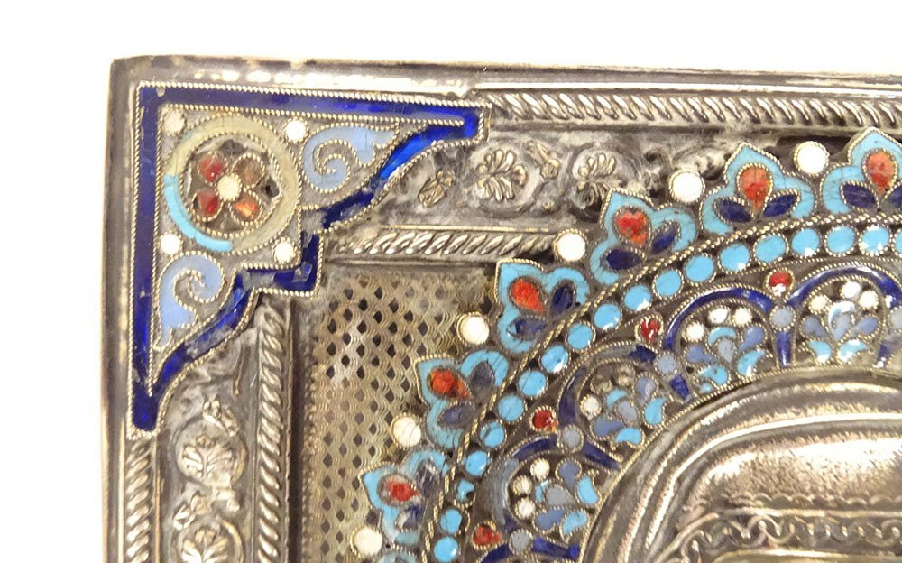 Icône orthodoxe russe Vierge ND Kazan Enfant argent émaux cloisonnés XIXème-photo-2