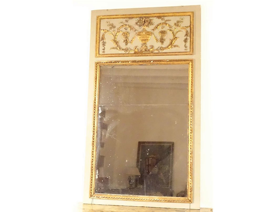 Trumeau miroir Louis XVI bois laqué doré urne fruits feuillage glace XVIIIè-photo-2