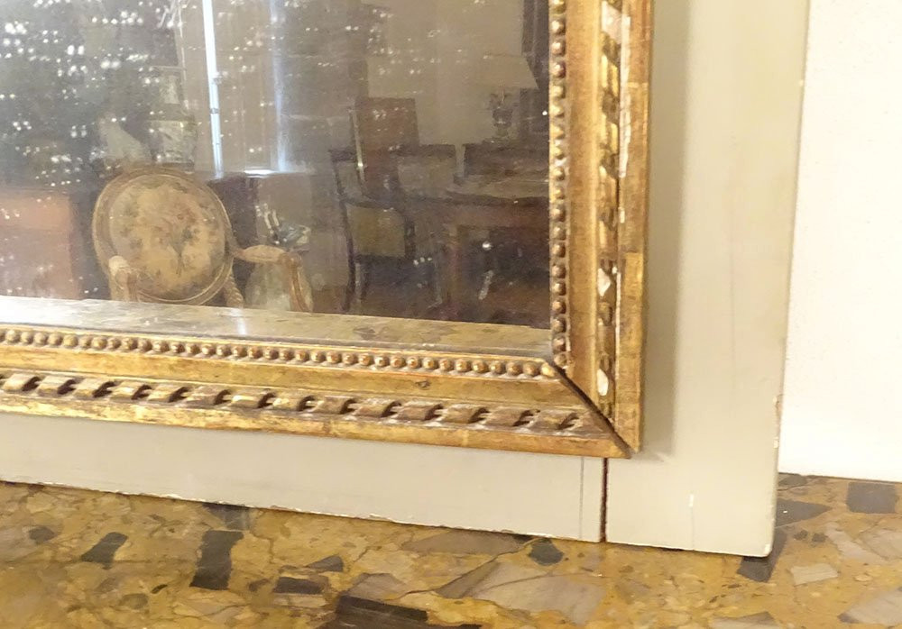 Trumeau miroir Louis XVI bois laqué doré urne fruits feuillage glace XVIIIè-photo-4