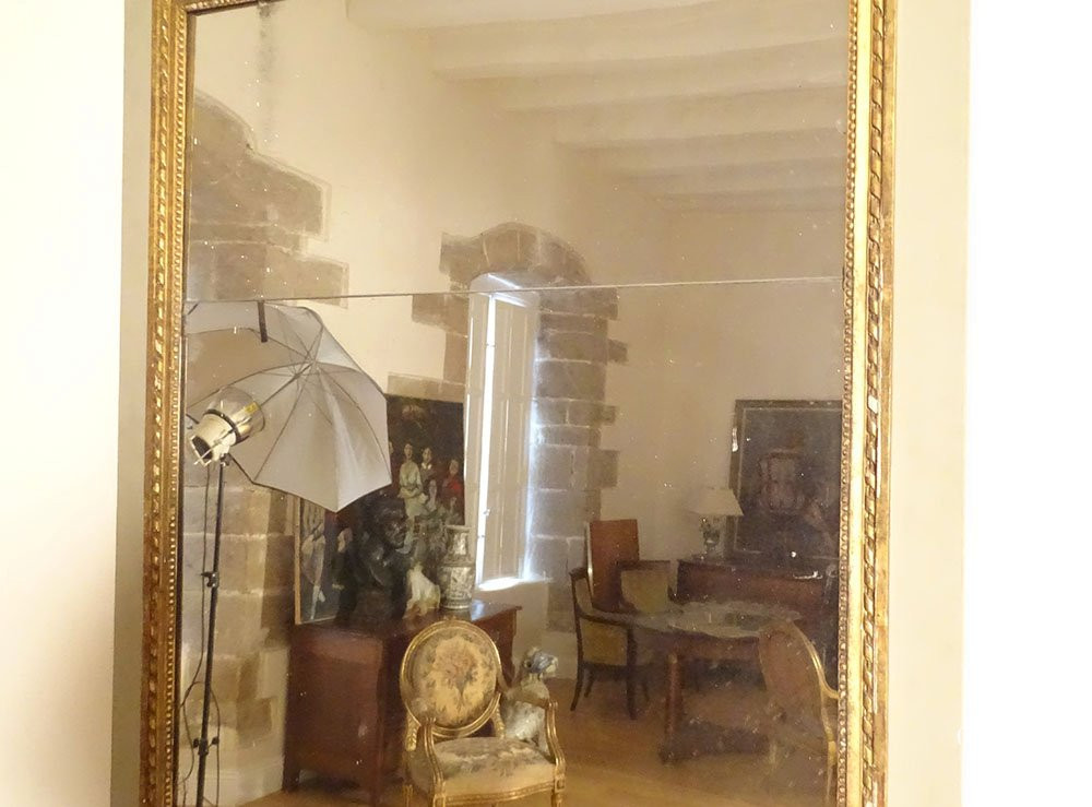 Trumeau miroir Louis XVI bois laqué doré urne fruits feuillage glace XVIIIè-photo-2