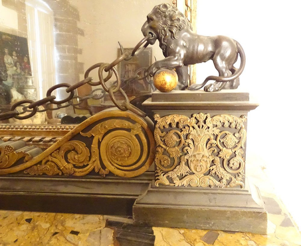 Empire Style Bronze And Gilt Fireplace Mantel With Medici Lions And Chain, 19th Century-photo-2