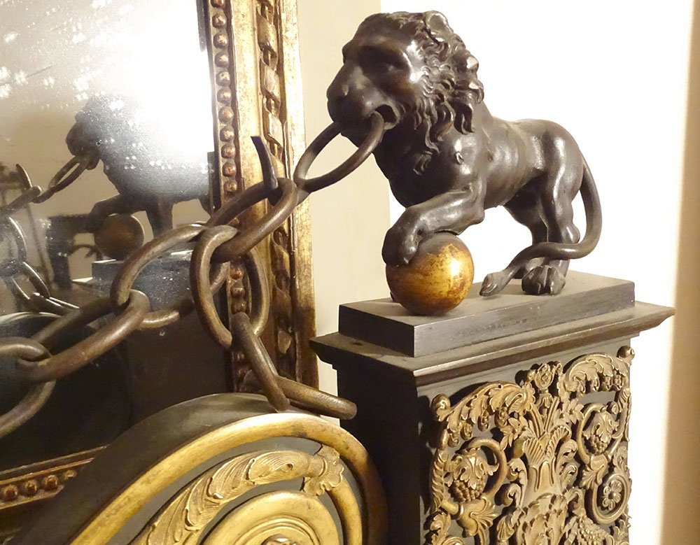 Empire Style Bronze And Gilt Fireplace Mantel With Medici Lions And Chain, 19th Century-photo-3