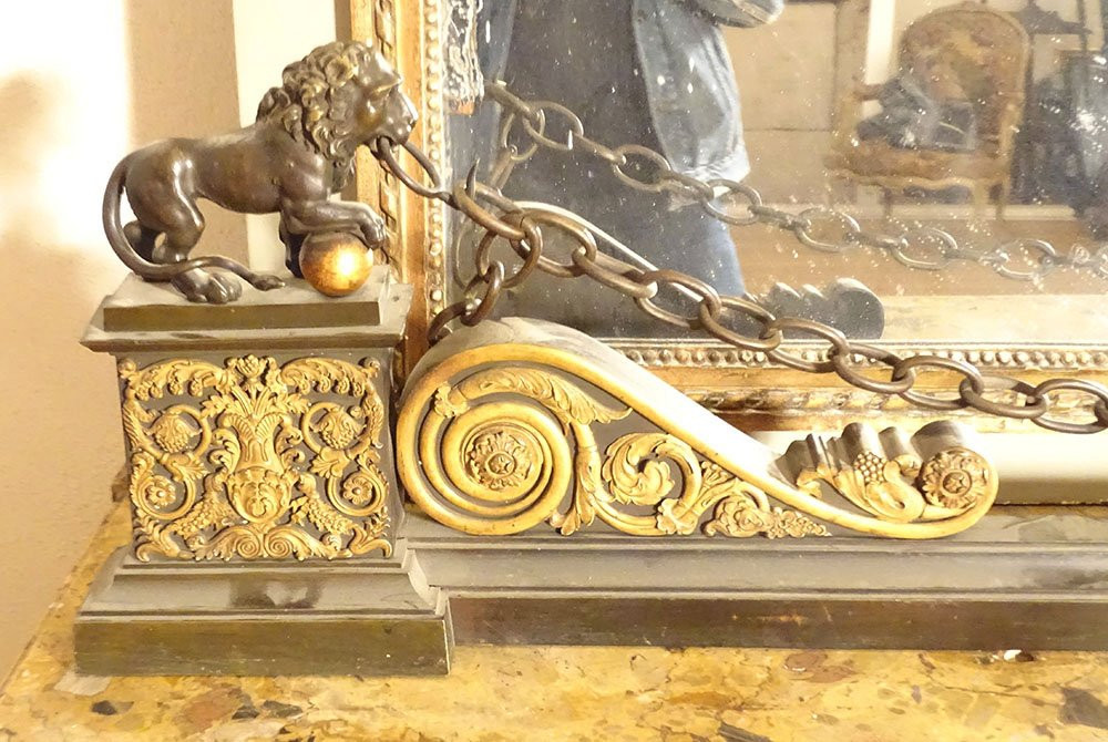 Empire Style Bronze And Gilt Fireplace Mantel With Medici Lions And Chain, 19th Century-photo-5