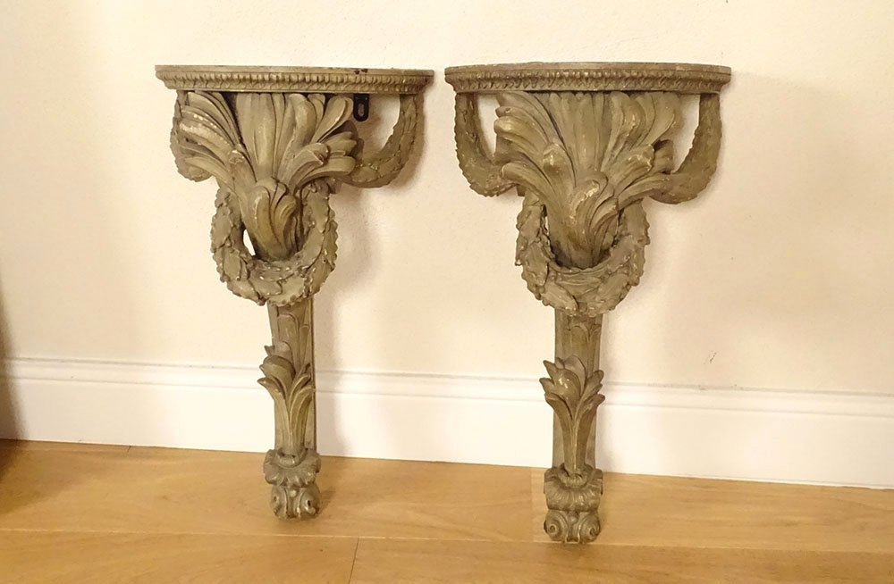 Paire consoles applique murales sellettes bois sculpté marbre blanc XVIIIè-photo-2
