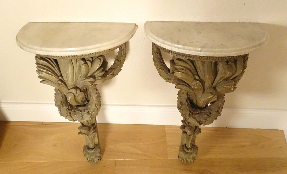 Paire consoles applique murales sellettes bois sculpté marbre blanc XVIIIè-photo-3