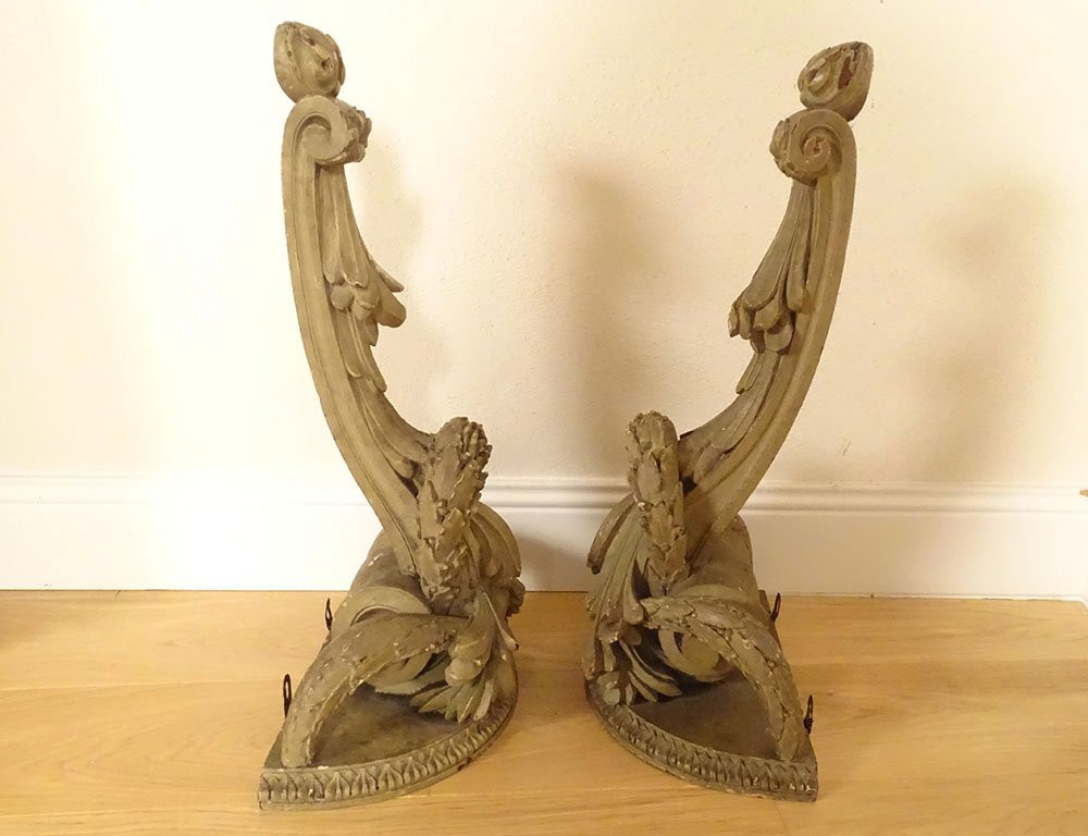 Paire consoles applique murales sellettes bois sculpté marbre blanc XVIIIè-photo-5