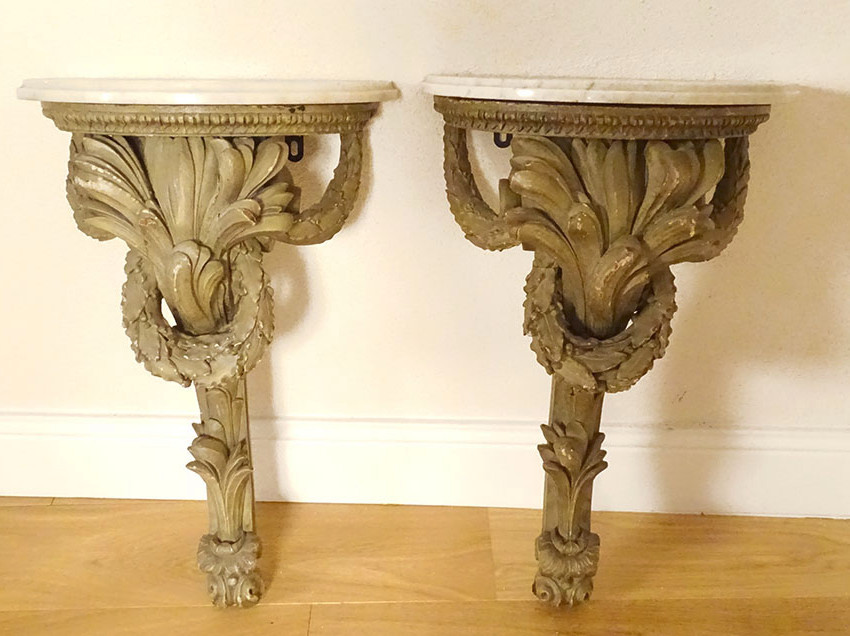 Paire consoles applique murales sellettes bois sculpté marbre blanc XVIIIè