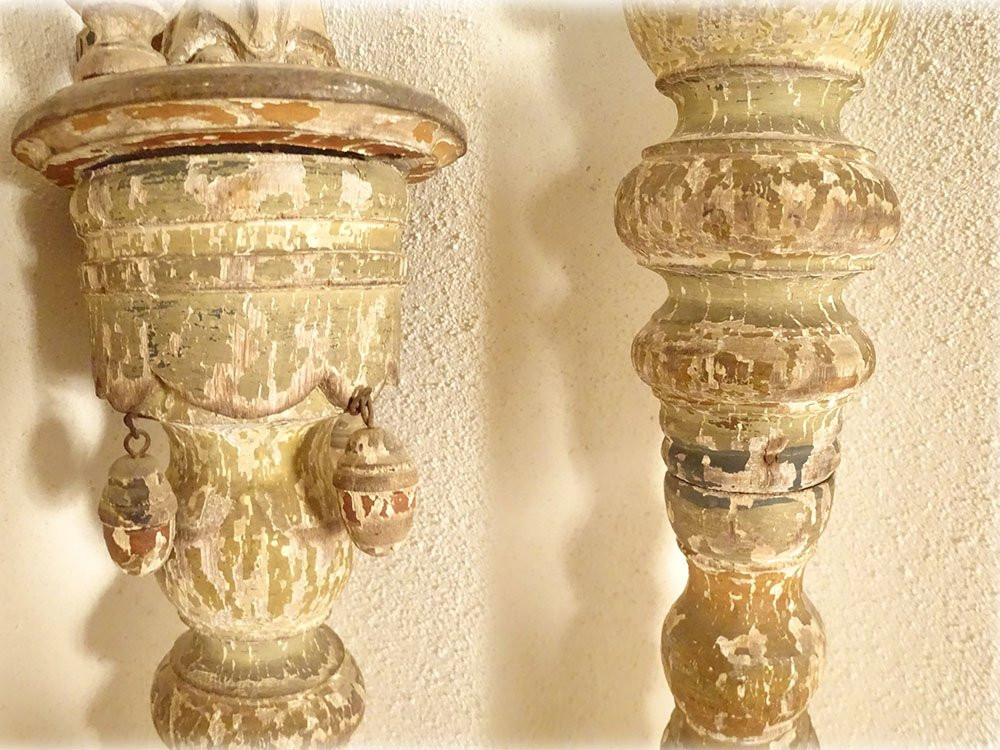 2 Processional Staffs, Confraternity, Painted, Carved, Twisted Wood, Holy Virgin, 17th Century-photo-4