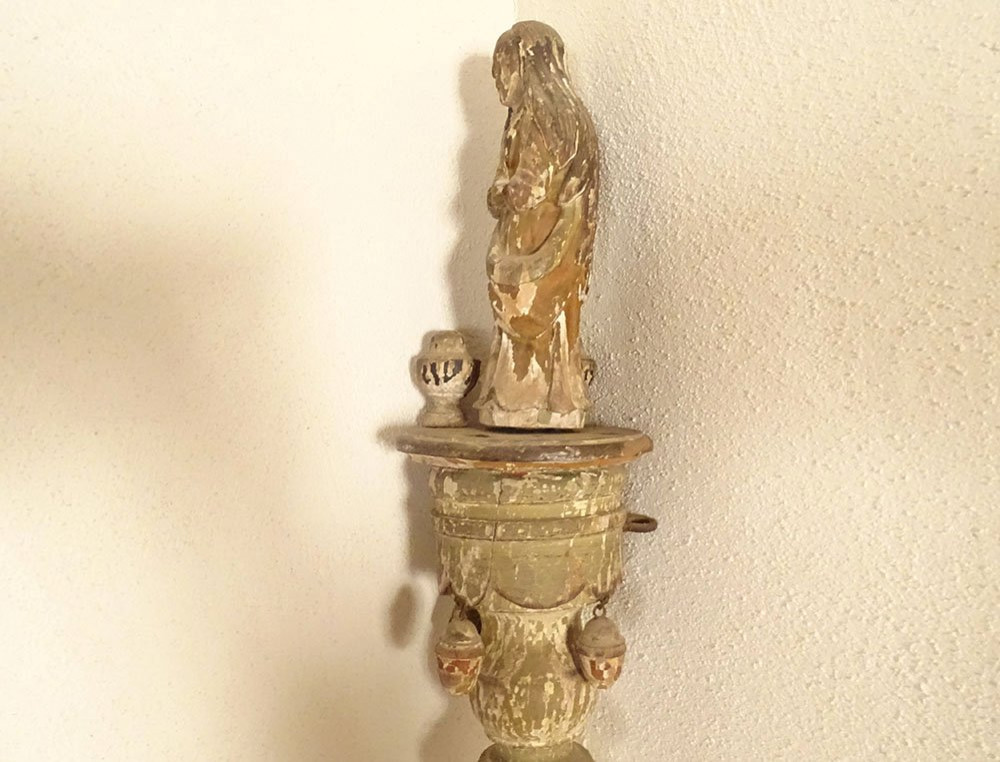 2 Processional Staffs, Confraternity, Painted, Carved, Twisted Wood, Holy Virgin, 17th Century-photo-2