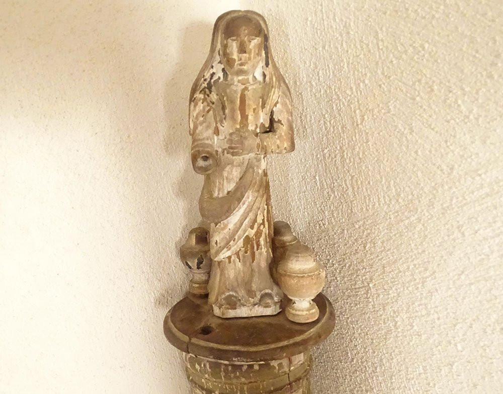 2 Processional Staffs, Confraternity, Painted, Carved, Twisted Wood, Holy Virgin, 17th Century-photo-4