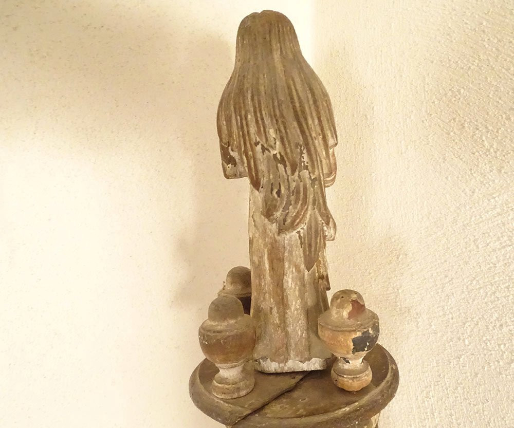 2 Processional Staffs, Confraternity, Painted, Carved, Twisted Wood, Holy Virgin, 17th Century-photo-6