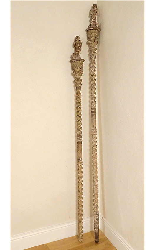 2 Processional Staffs, Confraternity, Painted, Carved, Twisted Wood, Holy Virgin, 17th Century