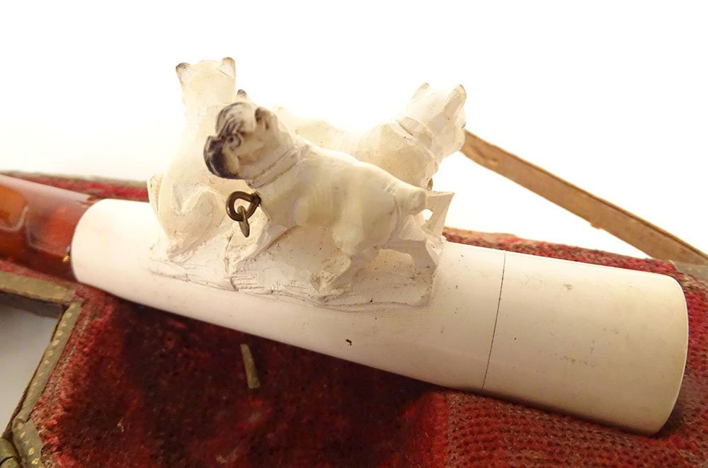Amber Cigarette Holder With Meerschaum Carving, Pug Dogs, Case, 19th Century-photo-2