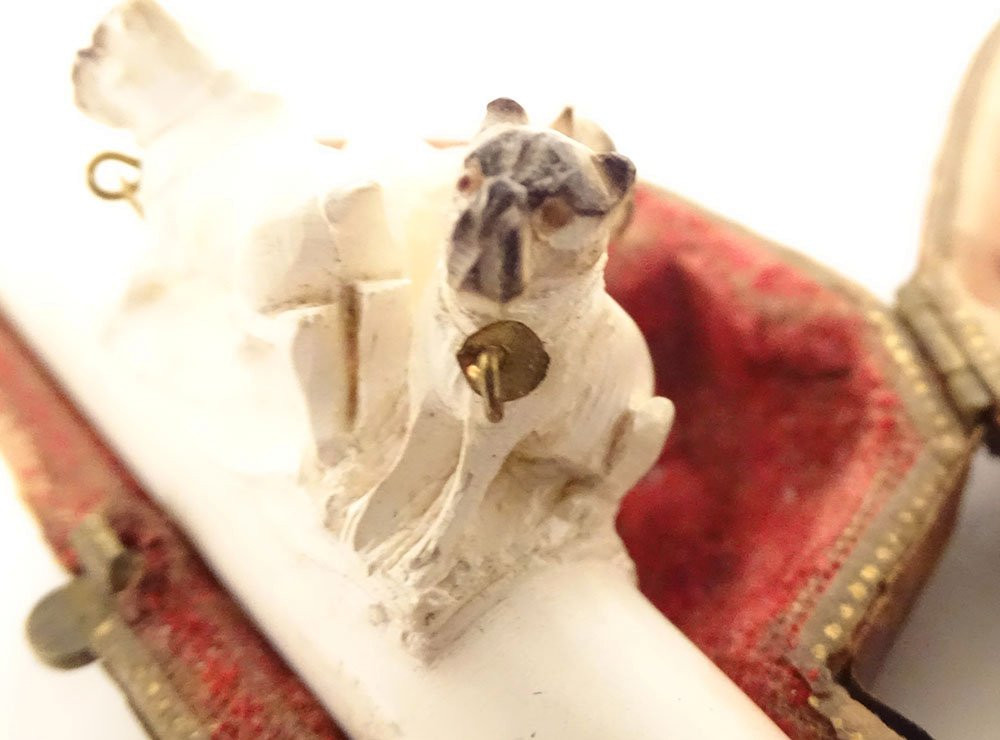 Amber Cigarette Holder With Meerschaum Carving, Pug Dogs, Case, 19th Century-photo-4