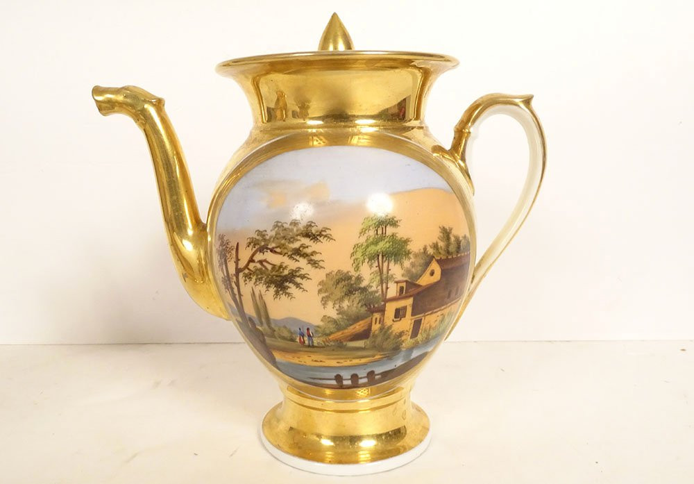 Louis-philippe Style Paris Porcelain Coffee Service With Landscaped Teapot, 19th Century-photo-2