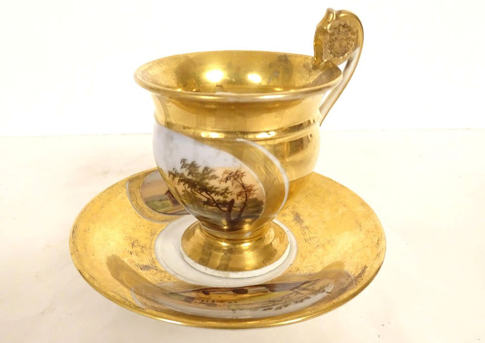 Louis-philippe Style Paris Porcelain Coffee Service With Landscaped Teapot, 19th Century-photo-5