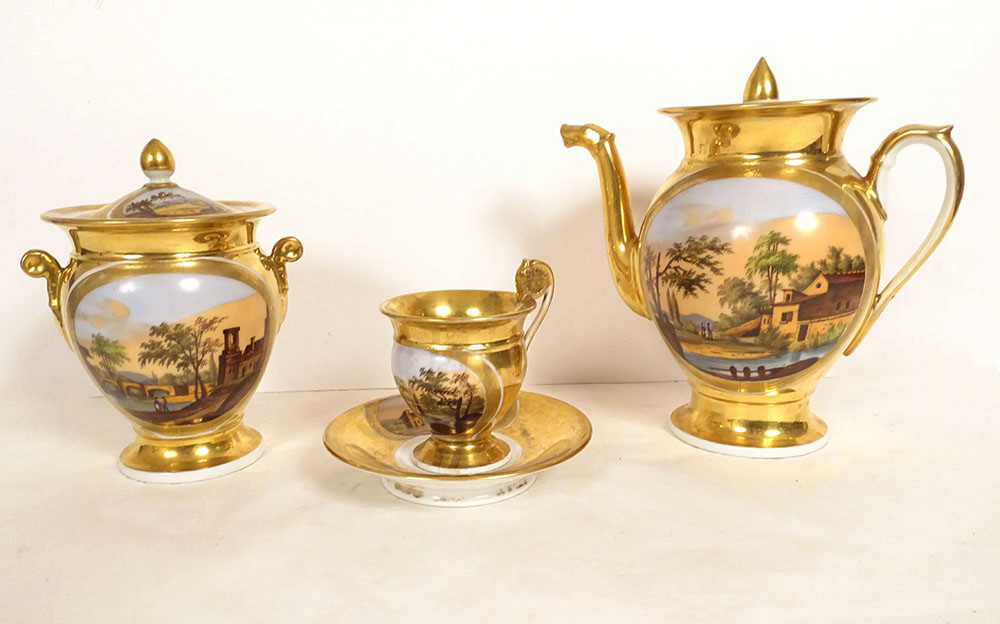 Louis-philippe Style Paris Porcelain Coffee Service With Landscaped Teapot, 19th Century