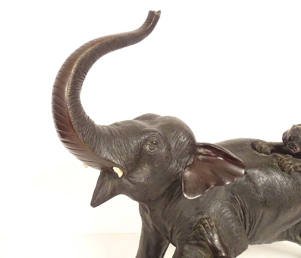 Bronze Sculpture Of Elephant And Tigers By Omori Mitsumoto Kogen, Meiji Period, Japan, 19th Century-photo-3