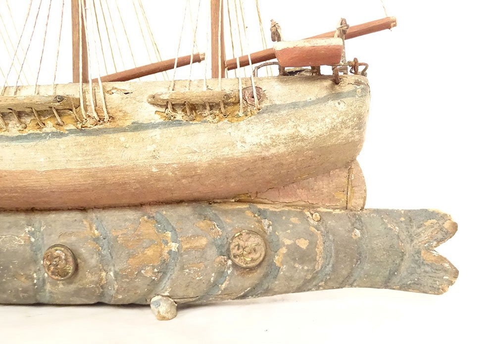Model Of A Three-masted, Carved Wooden Sperm Whale Fishing Boat, Souvenir Globe, 19th Century-photo-4