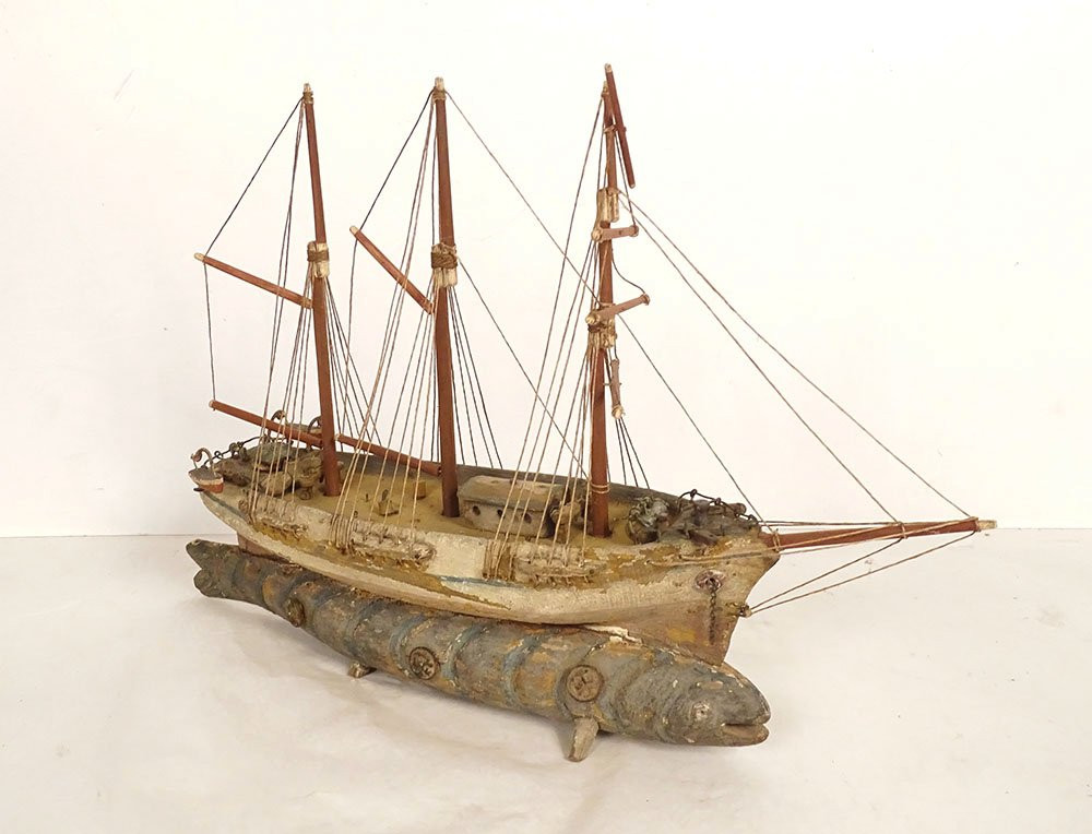 Model Of A Three-masted, Carved Wooden Sperm Whale Fishing Boat, Souvenir Globe, 19th Century-photo-5