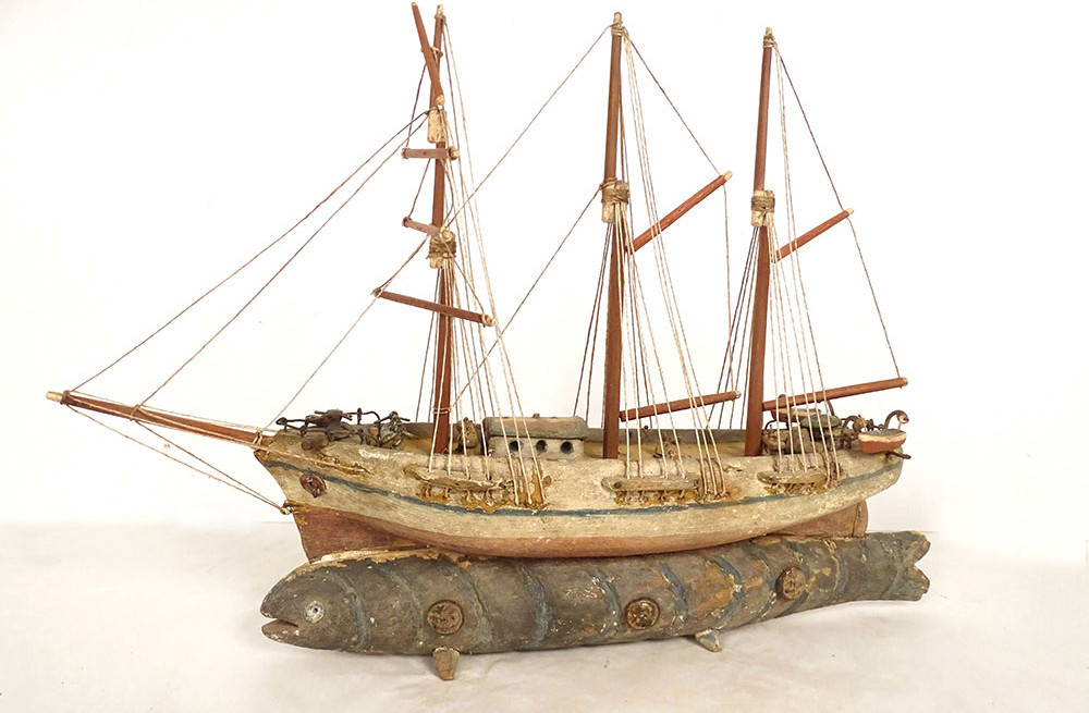 Model Of A Three-masted, Carved Wooden Sperm Whale Fishing Boat, Souvenir Globe, 19th Century