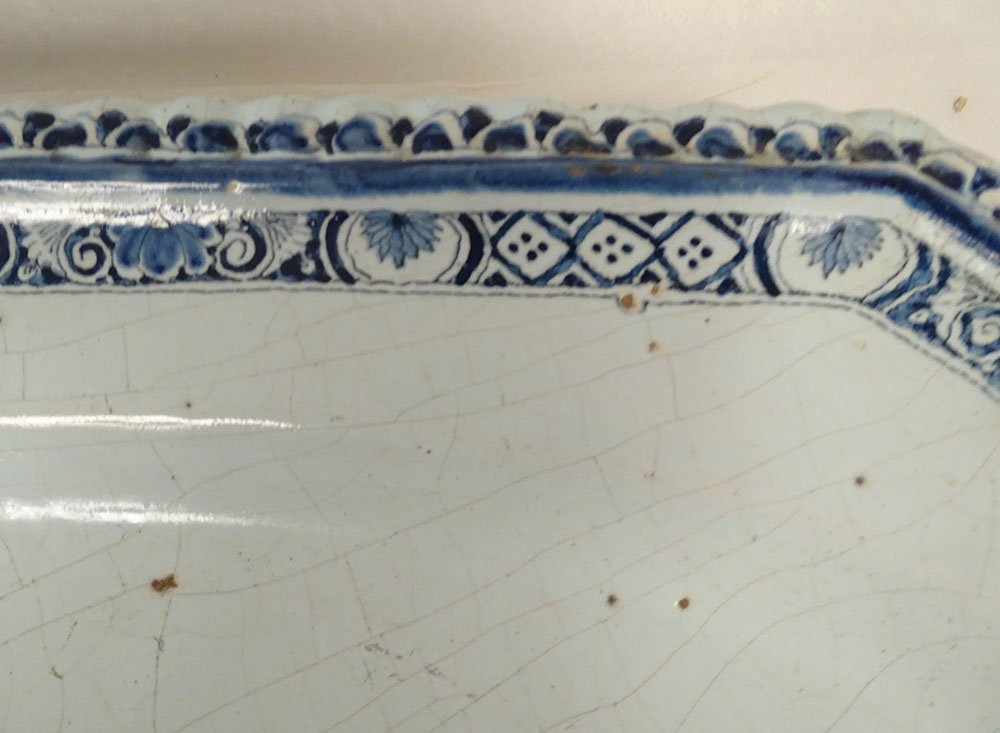 Grand plat octogonal faïence camaïeu bleu Rouen bouquet fleurs XVIIIème-photo-3