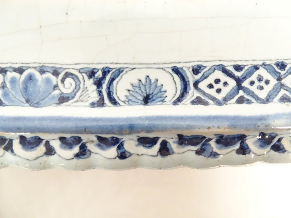 Grand plat octogonal faïence camaïeu bleu Rouen bouquet fleurs XVIIIème-photo-1