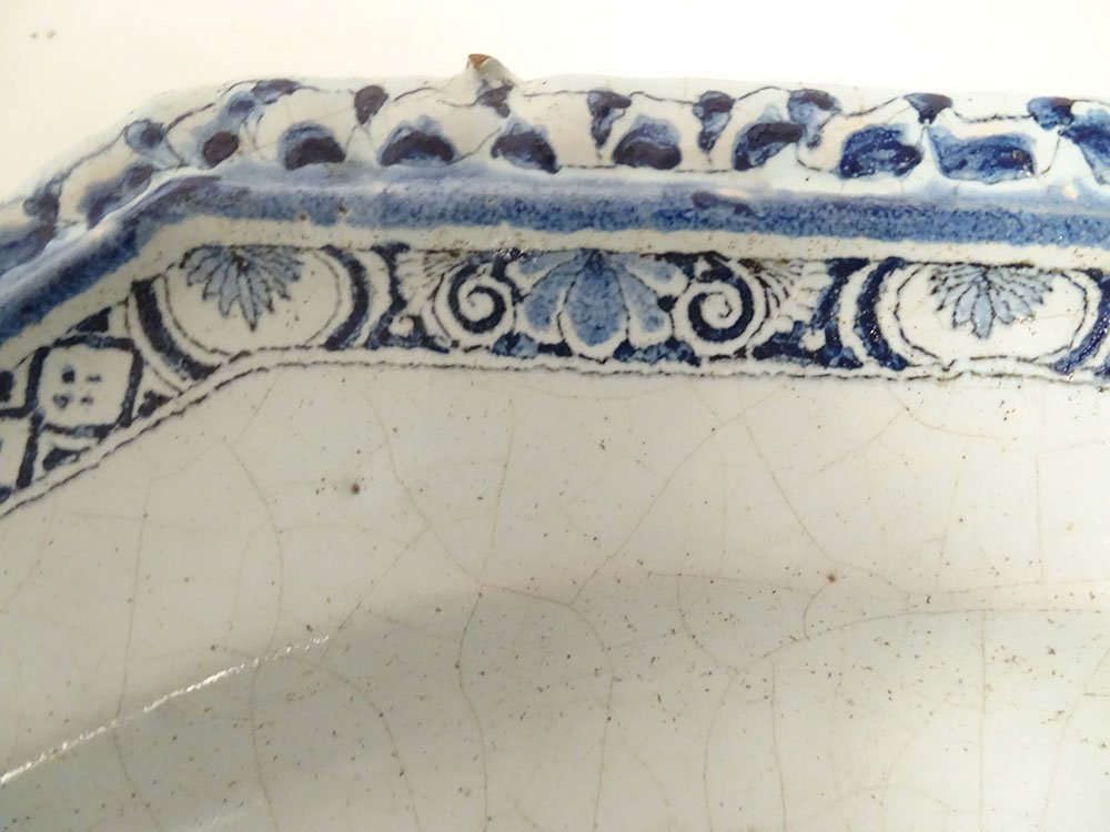 Grand plat octogonal faïence camaïeu bleu Rouen bouquet fleurs XVIIIème-photo-2