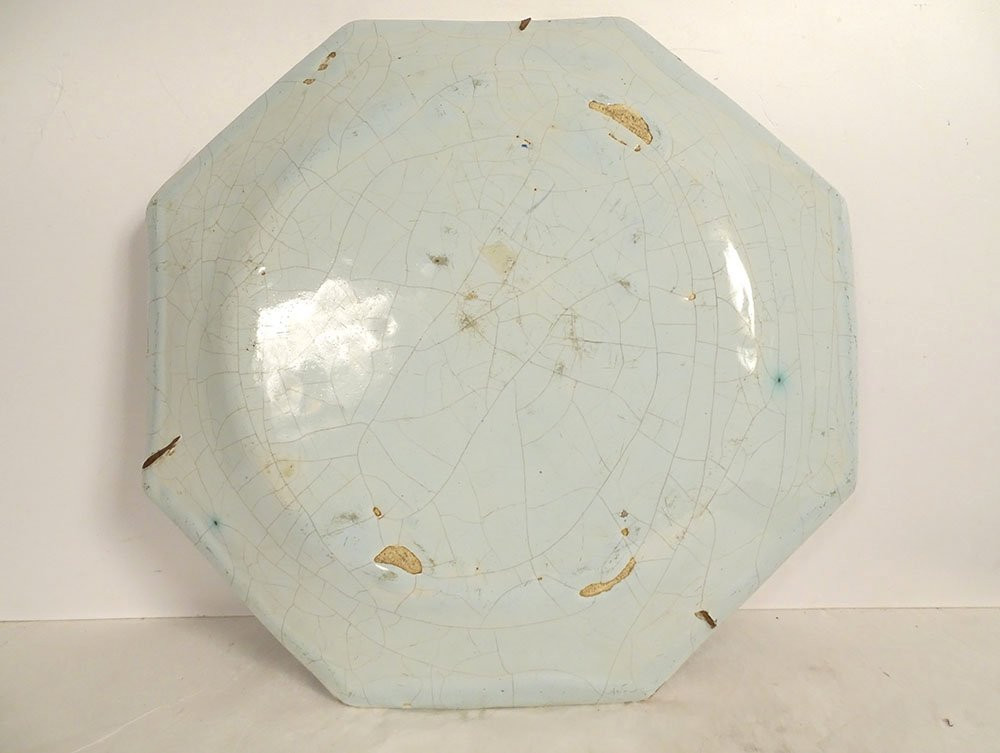 Grand plat octogonal faïence Rouen décor camaïeu bleu panier fleuri XVIIIè-photo-4