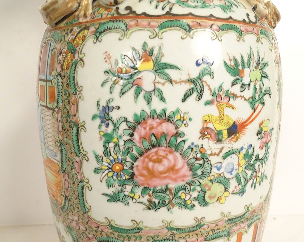 Paire grands vases porcelaine chinoise Canton personnages oiseaux Chine 19è -photo-1