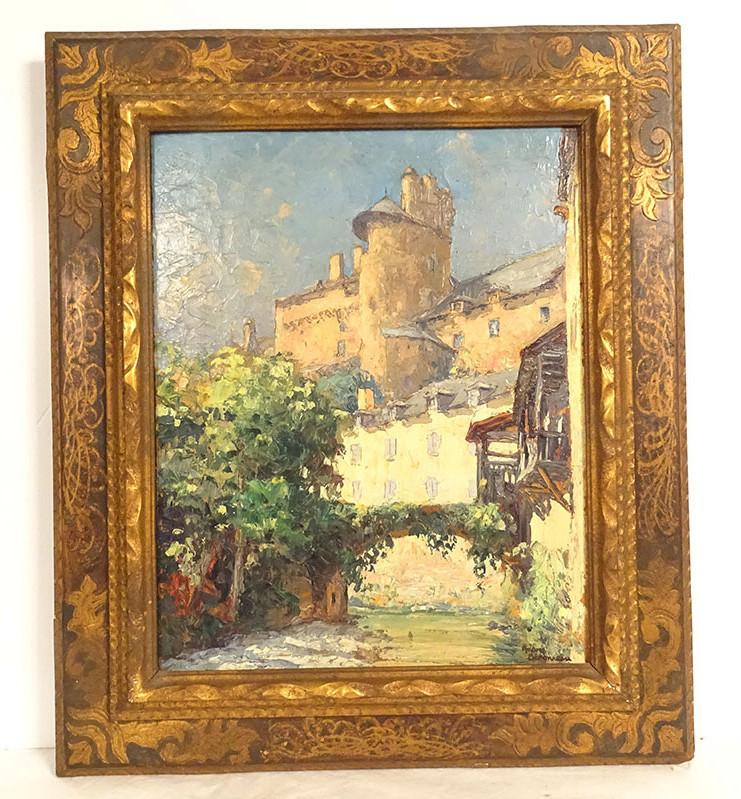 Hsp Painting By André Béronneau, View Of The Coussane Estaing Footbridge, Aveyron, 20th Century