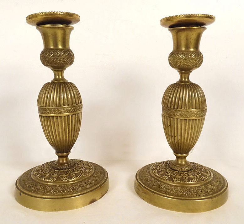 Pair Of Small Louis XVI Style Gilt Bronze Candlesticks With Grape Flowers, 19th Century