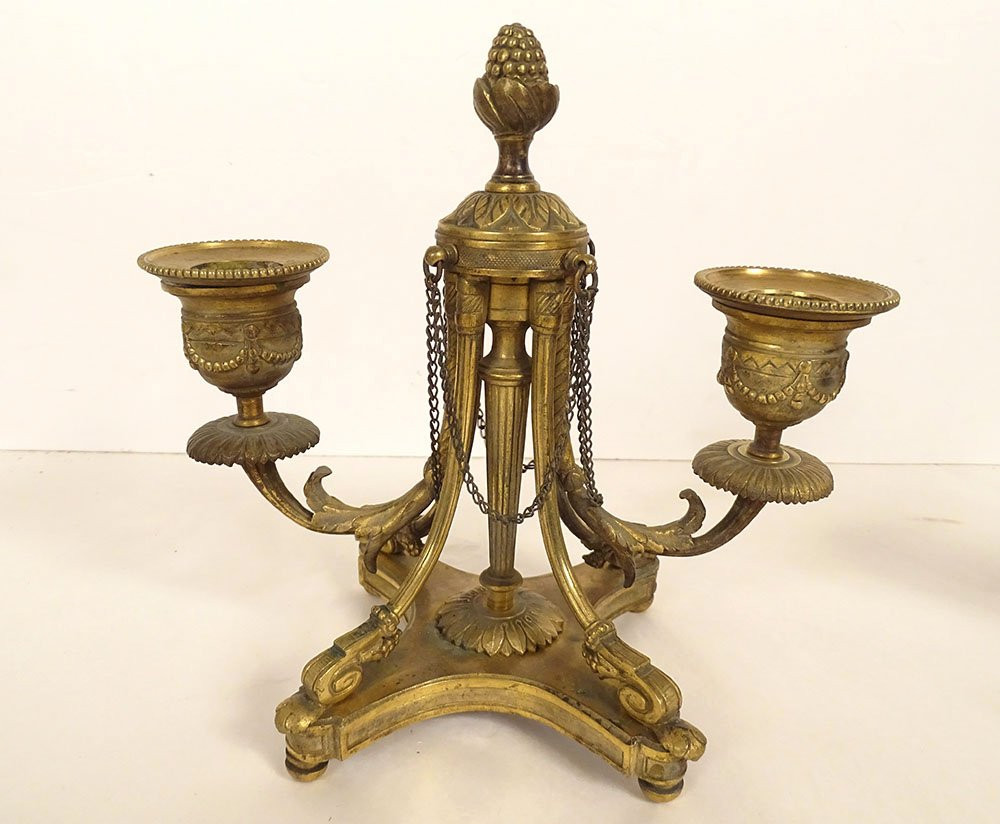 Paire candélabres 2 feux Louis XVI bronze doré bougeoirs Napoléon III XIXème-photo-2