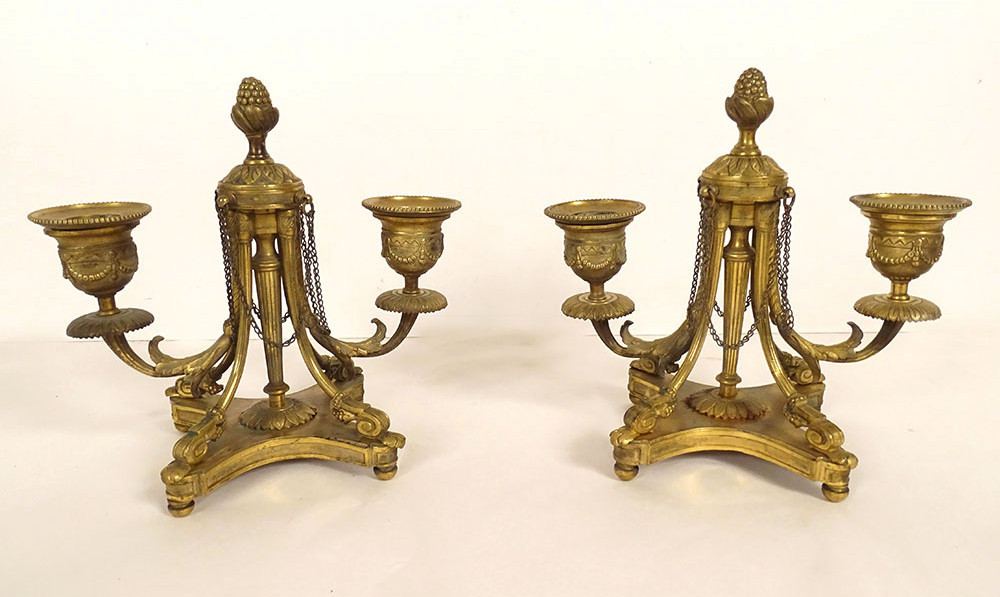 Paire candélabres 2 feux Louis XVI bronze doré bougeoirs Napoléon III XIXème
